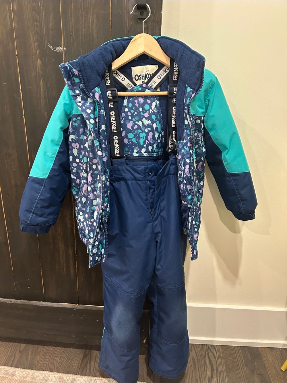 OshKosh B'gosh Navy & Teal Printed Snow Overalls Set Size 7